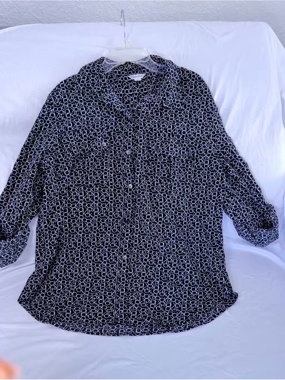Calvin Klein Black & White Logo-Pattern Button-Down Shirt